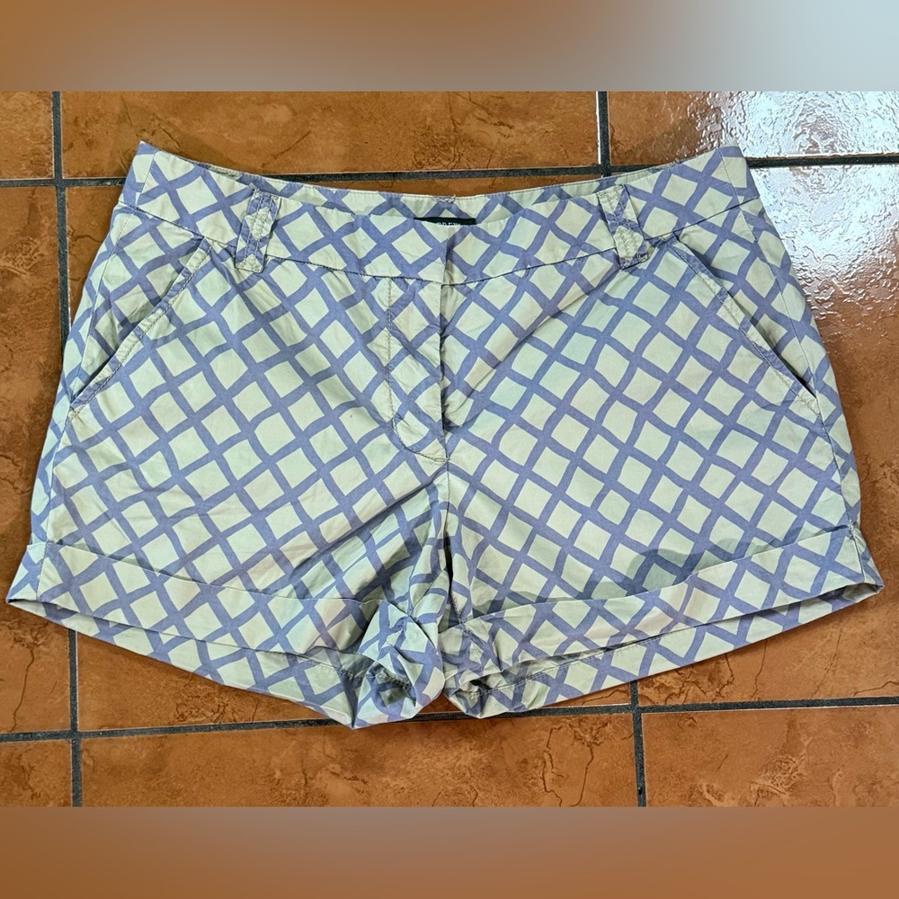 J. Crew Blue and White Bermuda Shorts with Geometric Pattern